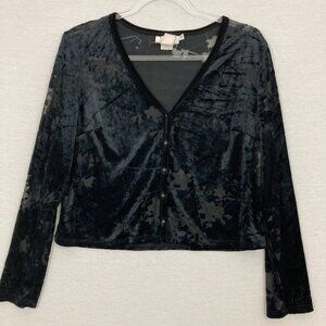 Vintage CDC Black Velvet Burnt Out V Neck Button Down Size 12 Whimsigoth Y2K